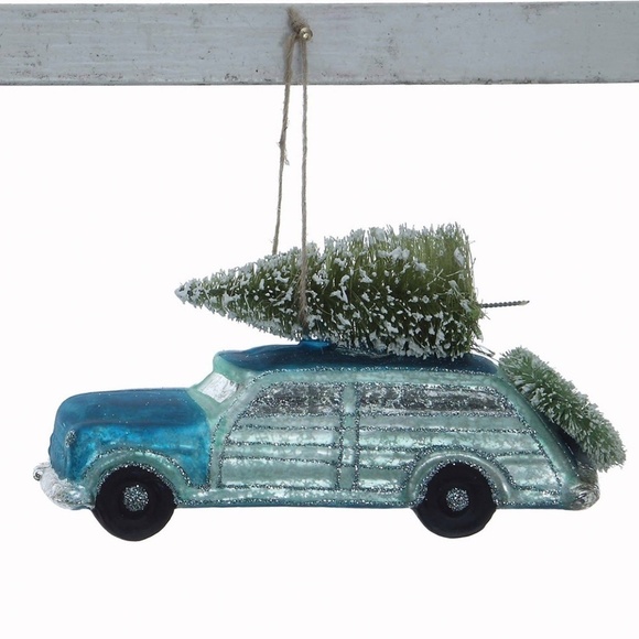 Anthropologie Blue Wood Panel Station Wagon with Christmas Tree Ornament - Picture 5 of 5